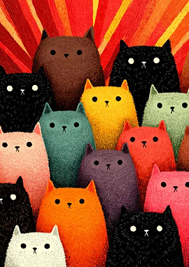 Colorful Crowd of Whimsical Cats