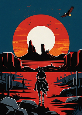 Cowboy Riding Through Desert Sunset