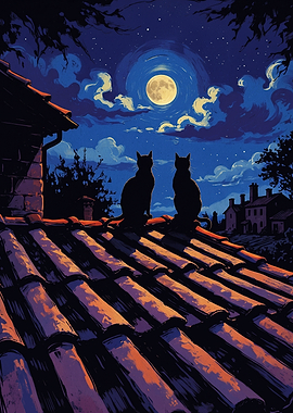Two Cats Watching the Full Moon