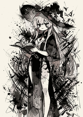 Anime Witch Reading a Spellbook