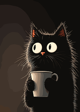 Cute Black Cat Holding Coffee Mug