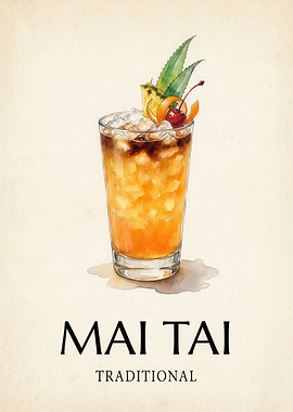Watercolor Mai Tai Cocktail Illustration