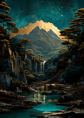 Golden Mountain Waterfall Under Starry Sky