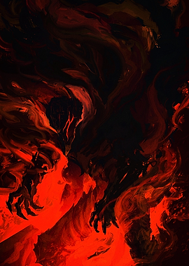 Shadowy Demon in Fiery Abyss