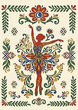 Traditional Nordic Kurbits Folk Art Ballerina Illustration