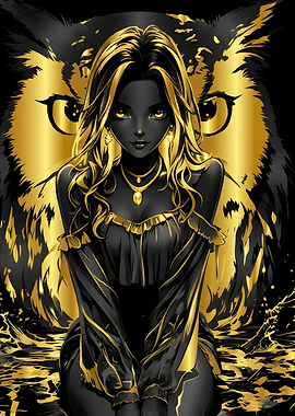 Golden Owl and Woman Portrait