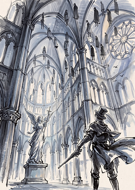Hunter Confronting Floating Figures in Cathedral