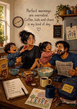 Chaotic Family Morning Breakfast Scene