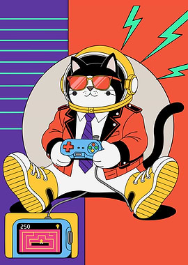 Cool Gamer Cat in Retro Style