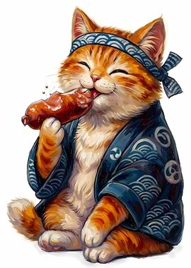 Cute Cat Eating Sausage in Kimono