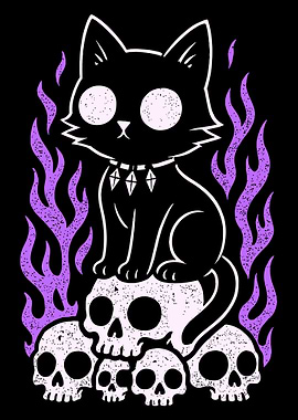 Gothic Black Cat Purple Flames Dark Fantasy Wall Art Poster