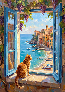 Ginger Cat Watching Mediterranean Coast