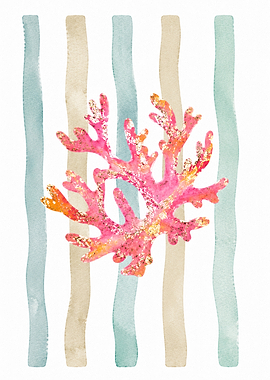 Watercolor Pink Coral with Striped Background