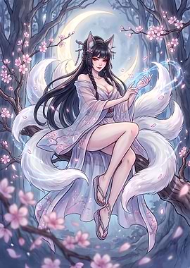 Nine Tailed Kitsune Under the Crescent Moon