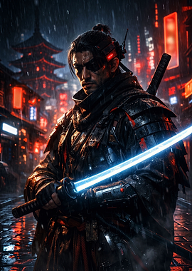 Cyberpunk Samurai with Glowing Katana