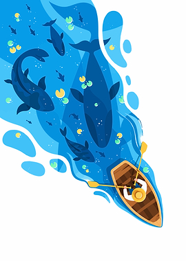 Person rowing boat among whales