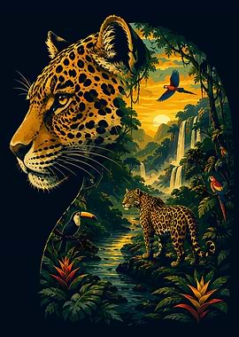 Leopard Jungle Sunset Double Exposure Art