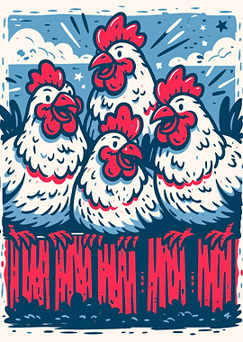 Four Happy Chickens on Fence
