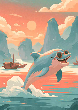 Happy Dolphin Wearing Sunglasses at Sunset