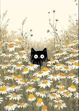Black Cat in Daisy Field