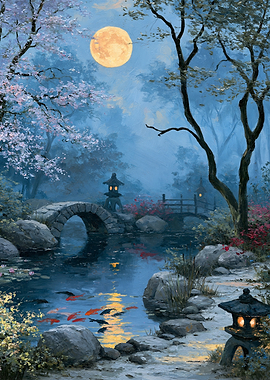 Moonlit Japanese Garden with Stone Bridge and Koi Pond