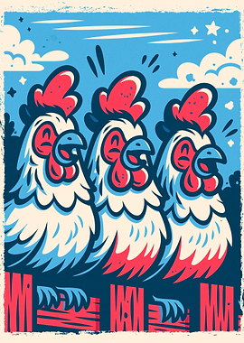 Three Happy Roosters Illustration