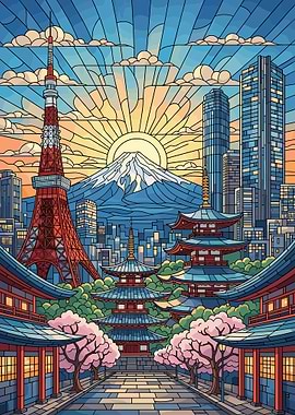 Stained Glass Tokyo Cityscape