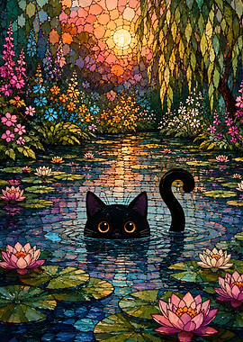 Black Cat in Stained Glass Pond