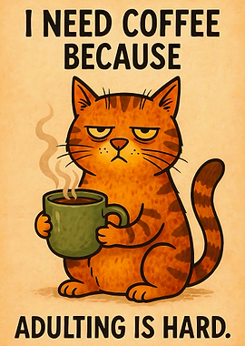 Funny Cat Coffee Adulting Poster