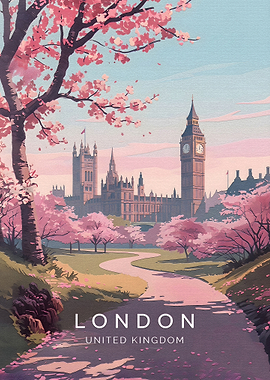 London Spring Cherry Blossom Travel Poster