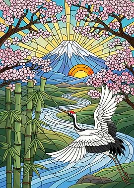 Stained Glass Mount Fuji Landscape