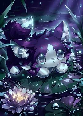 Cute Purple Fox on Lily Pad