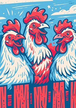 Three Cheerful Roosters Illustration