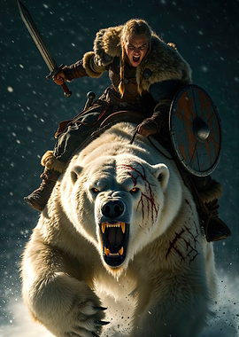 Viking Warrior Riding Charging Polar Bear