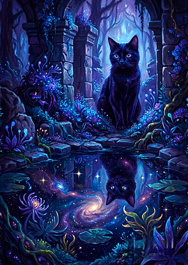 Cosmic Black Cat in Enchanted Ruins