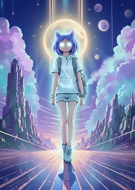 Anime Girl Walking Under Cosmic Moon