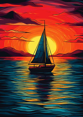Sailboat at Sunset Digital Abstract Illustration