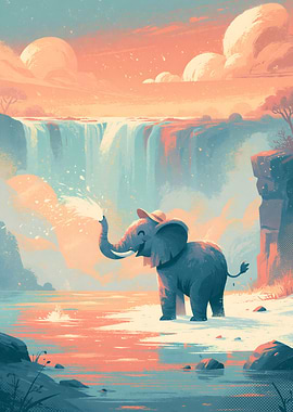 Cute Elephant Playing by Waterfall