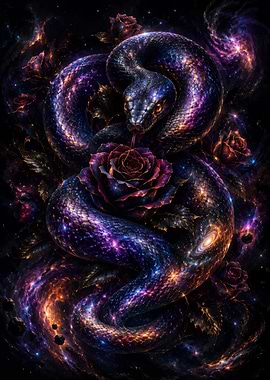 Cosmic Snake Coiled Around Dark Roses