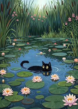 Black Cat Swimming in Pond