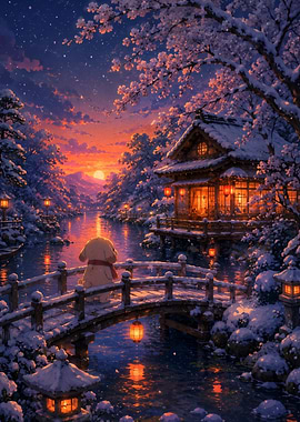 Cute Puppy on Snowy Japanese Bridge