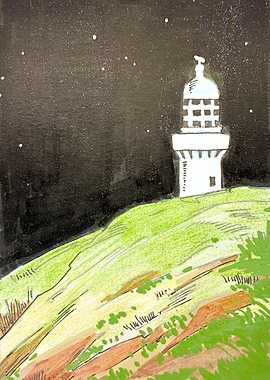 Lighthouse on a Hill at Night