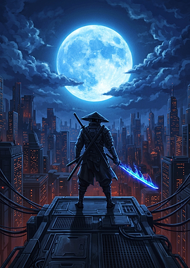 Cyberpunk Samurai Under Blue Moon