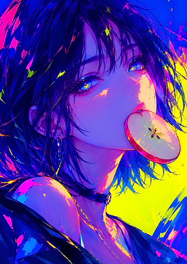 Neon Anime Girl with Apple Slice