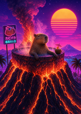 Synthwave Capybara Relaxing in Volcano Hot-Spring