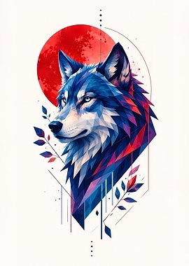 Geometric Wolf Head with Red Moon