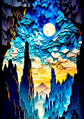Abstract Moonlit Mountain Landscape