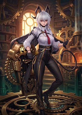 Steampunk Demon Girl in Clockwork Workshop