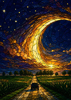 Stained Glass Country Road at Sunset