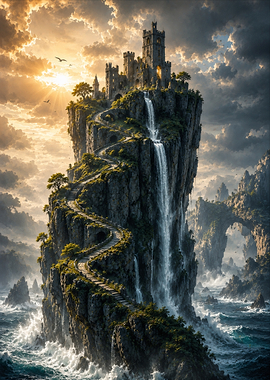 Castle on a Cliffside Waterfall